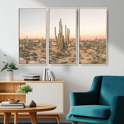 Canvas of tall desert cacti in warm sunset tones over a rocky Baja landscape, ideal for earthy or Southwestern-style home decor.