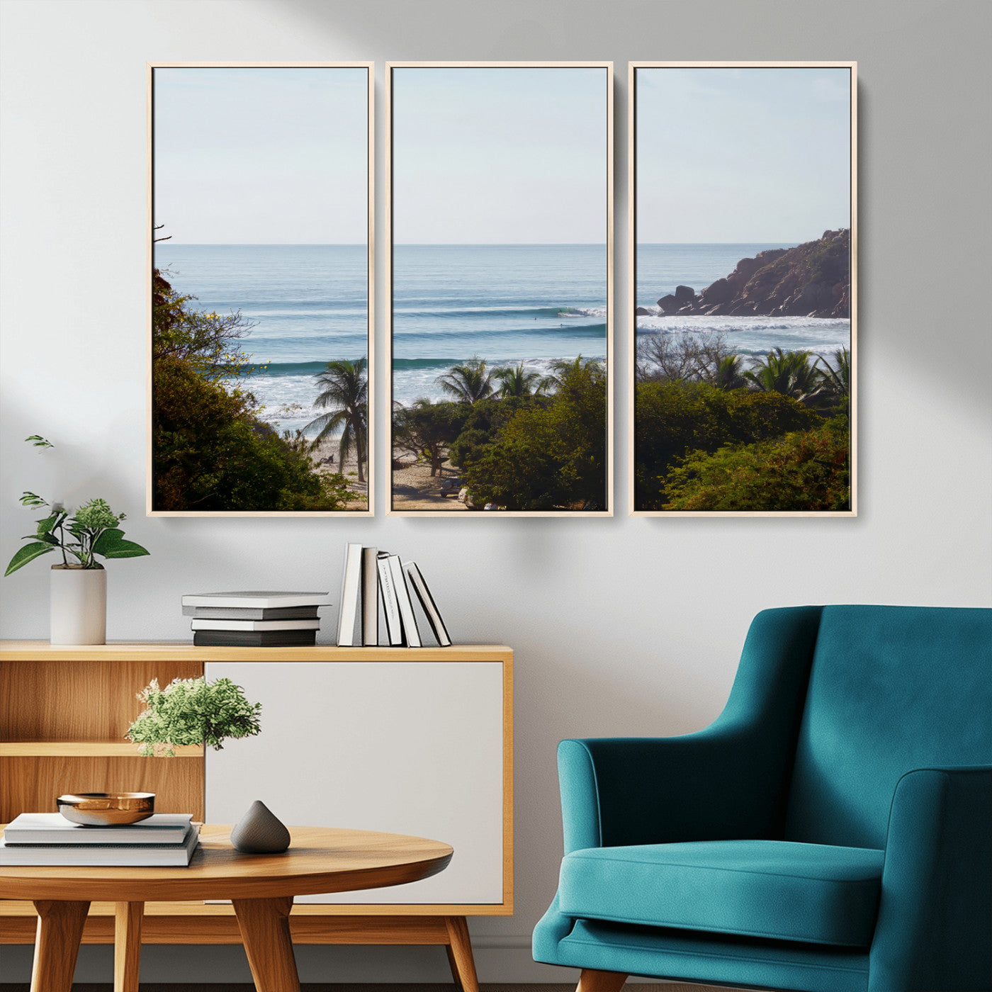 View of calm ocean waves with palm trees and a tropical coastline, ideal for coastal boho or beach-themed wall decor.