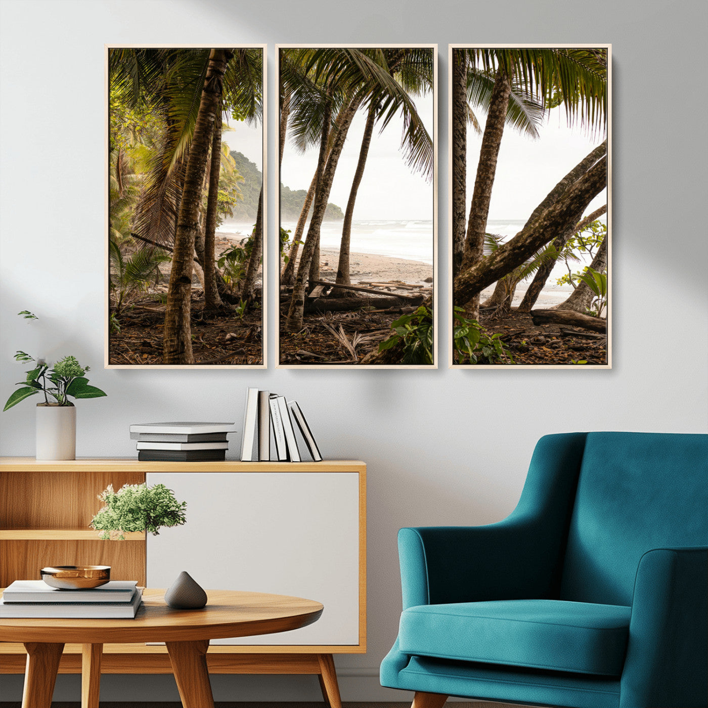 Dense tropical palm trees framing a sandy beach and ocean shore, ideal for jungle or coastal themed interior wall decor.