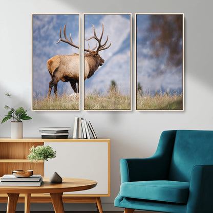 Elk with antlers standing on grass with mountain background, ideal for rustic, cabin, or lodge-inspired wall decor.