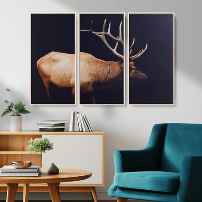 Side profile of an elk with large antlers on dark background, creating a bold rustic statement for cabin or Western-themed decor.