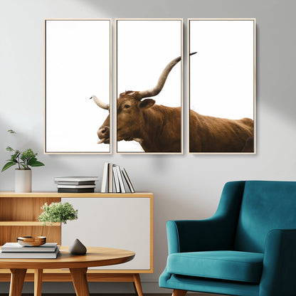 Minimal photo of a longhorn cow with white background, ideal for rustic, western or farmhouse-style interior decor.