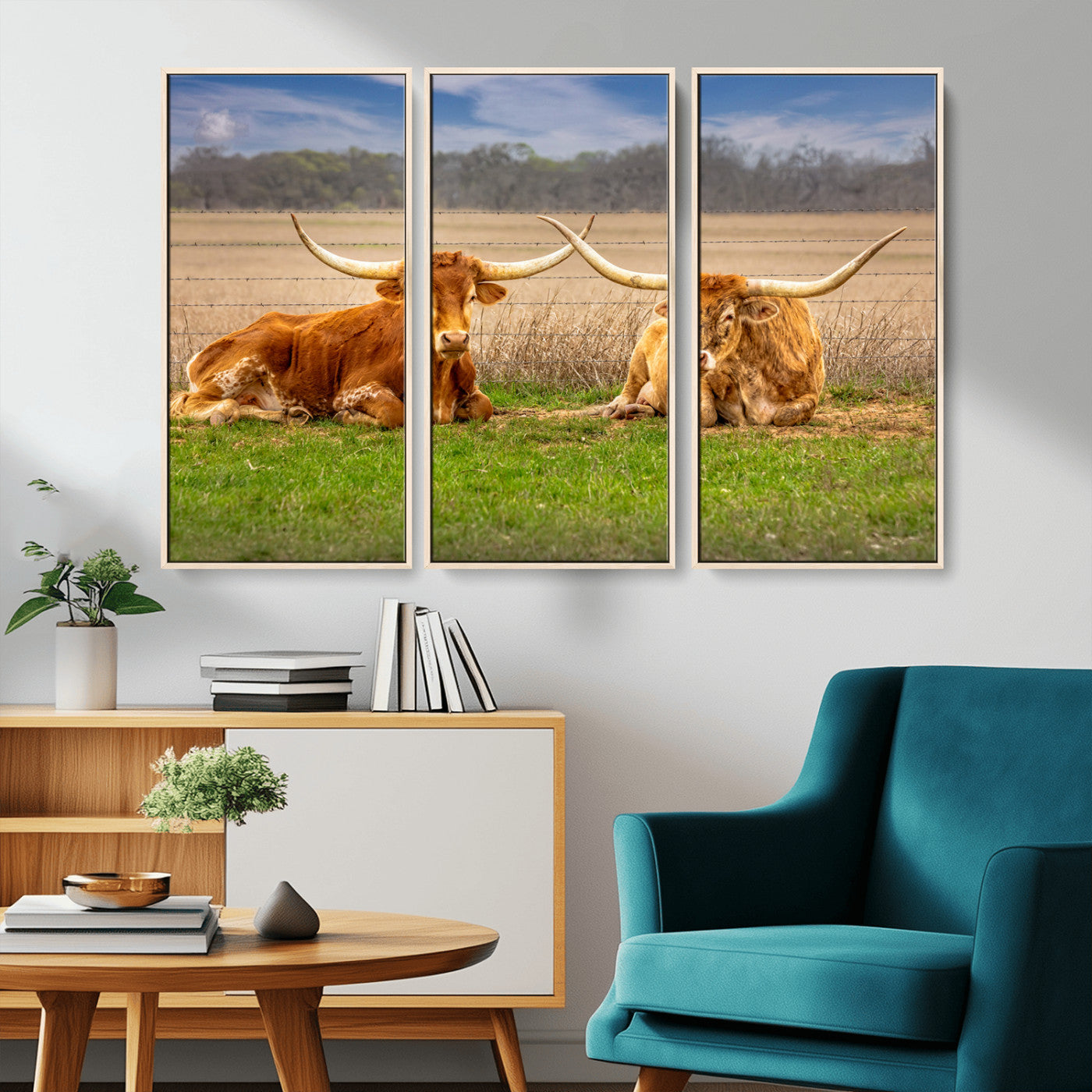 Two longhorn cows lying on green grass in front of a golden field and trees under a blue sky, perfect for rustic country wall decor.