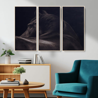 Close-up of a black horse with dramatic lighting on a dark background, perfect for rustic or masculine home decor.