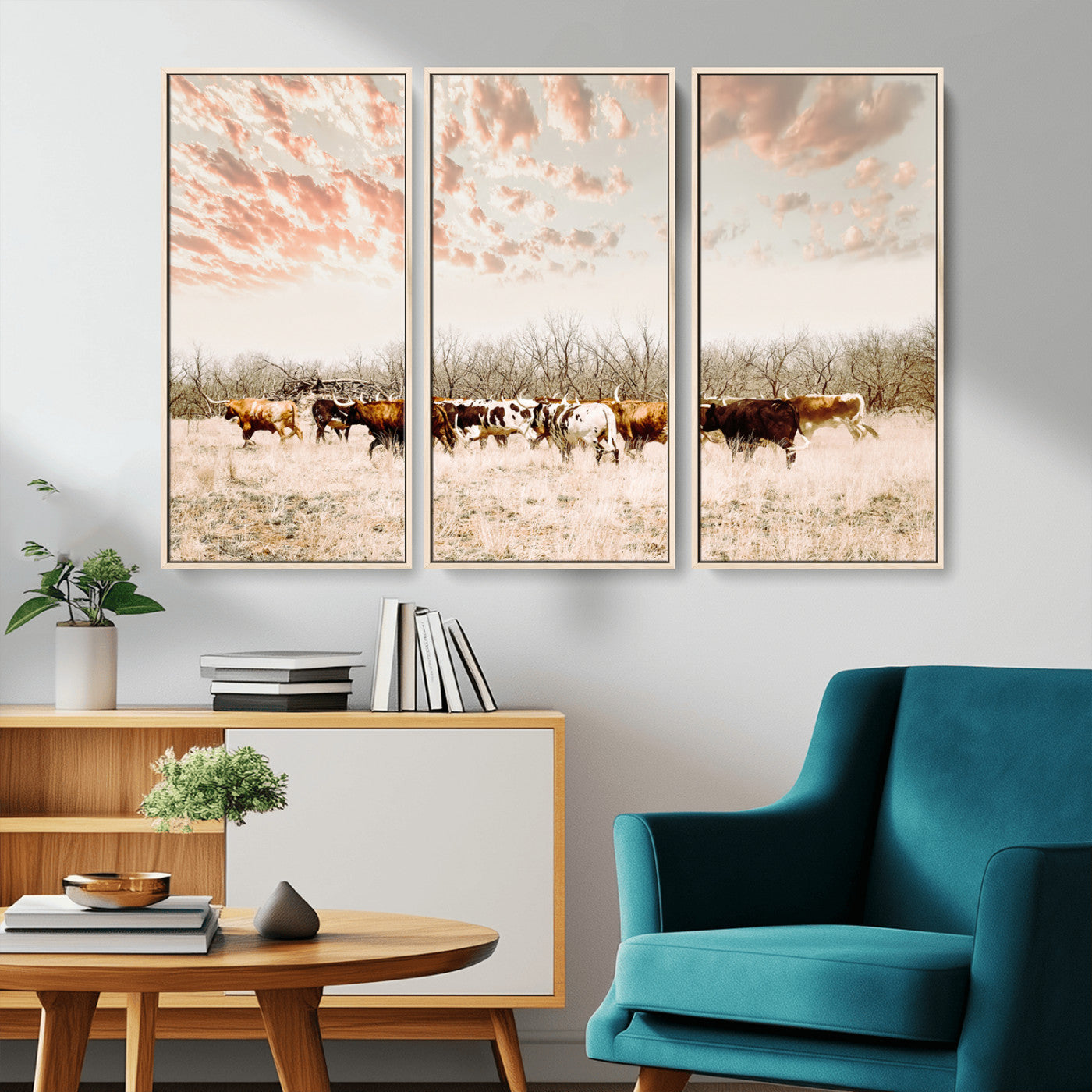 Cattle herd in a soft-toned field under a pastel pink sky, creating a peaceful rustic feel, perfect for farmhouse or western-themed spaces.
