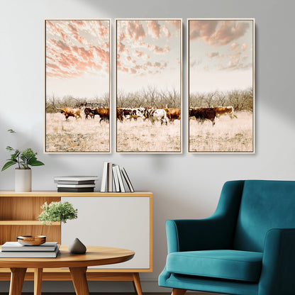 Cattle herd in a soft-toned field under a pastel pink sky, creating a peaceful rustic feel, perfect for farmhouse or western-themed spaces.
