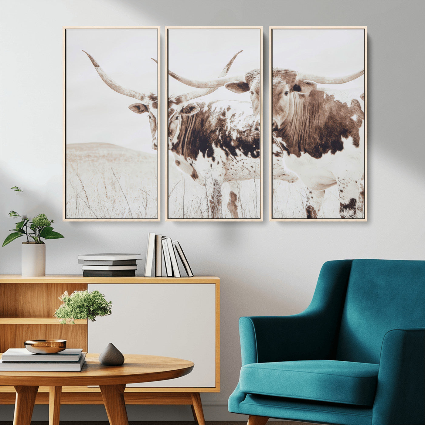 Two longhorn cows standing in a sepia-toned pasture with soft light, ideal for rustic or farmhouse-themed neutral wall decor.
