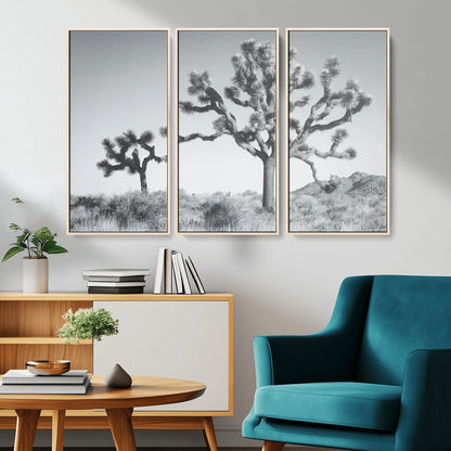 Black and white Joshua tree in a desert landscape with soft light and dry brush, perfect for rustic or minimalist home decor.