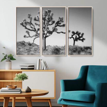 Black and white Joshua trees in a rugged desert landscape, creating a calm and minimalist feel for natural or rustic-themed interiors.