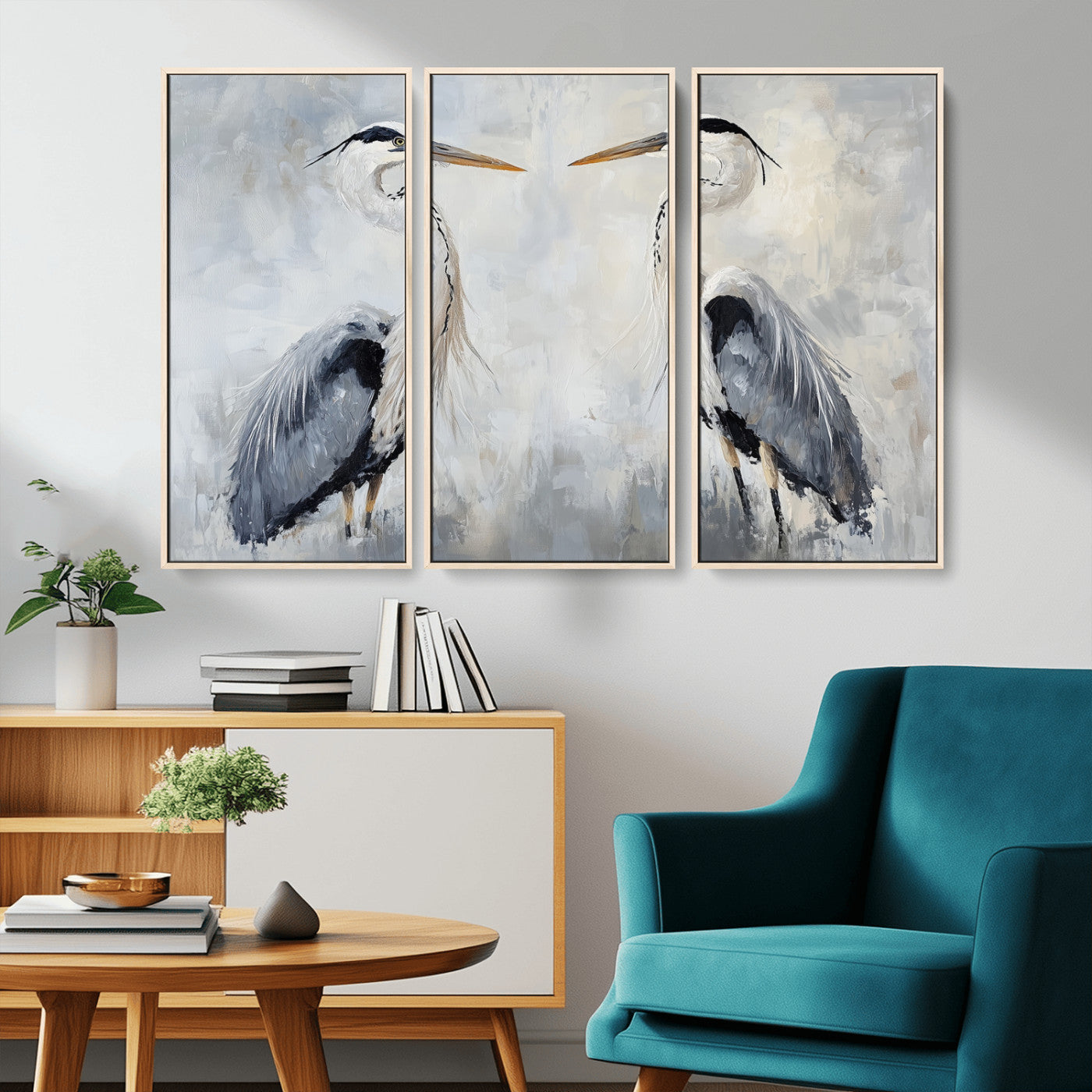 Two herons facing each other on a soft-toned background with blue-grey feathers, perfect for tranquil, coastal or nature-themed interiors.