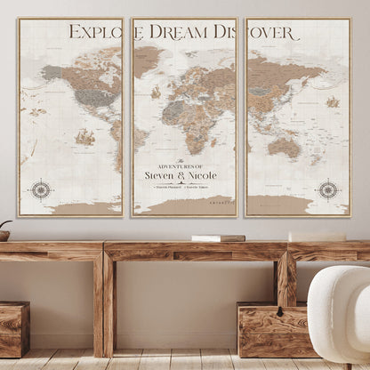 95738134-MGV-CV-36X24-Custom Push Pin World Map Wall Canvas Print – Personalized Travel Tracker with Pins – Framed Large Multi-Size Canvas for Home Office Decor