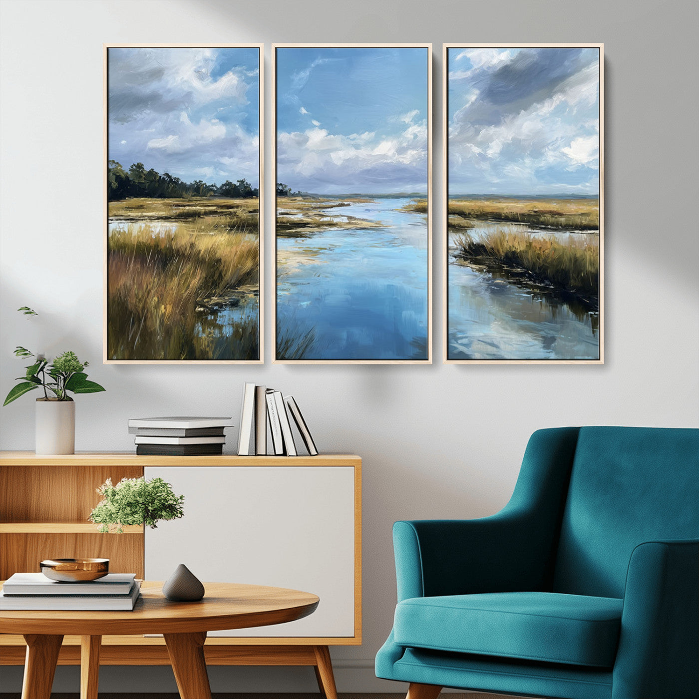 A beautiful, painterly landscape of a calm river winding through a marsh, with vibrant green grasses and a bright blue sky filled with fluffy clouds.