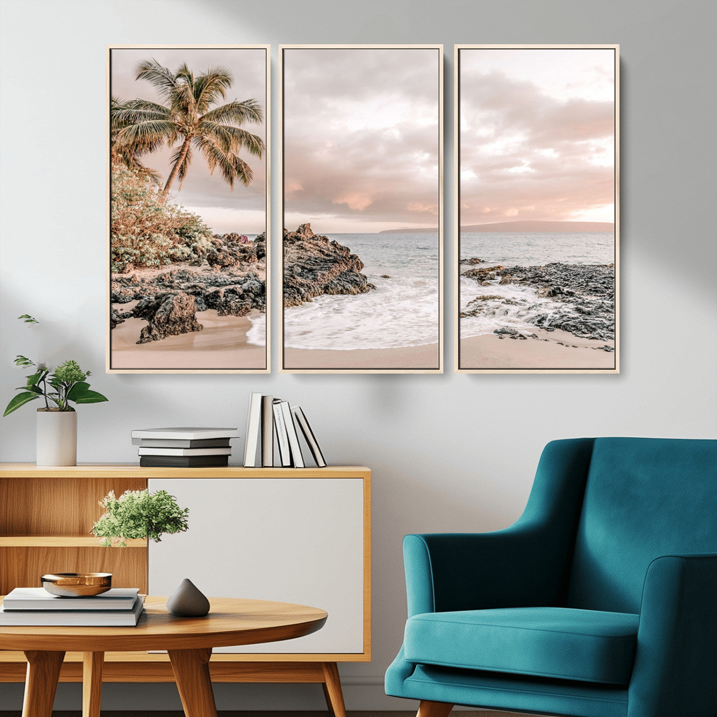 A peaceful beach scene with a palm tree and rocks, soft waves washing onto the shore under a soft pastel sky at sunset.