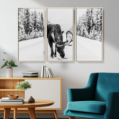 A majestic moose grazing in the snow-covered wilderness, surrounded by snow-covered trees, creating a peaceful winter scene.