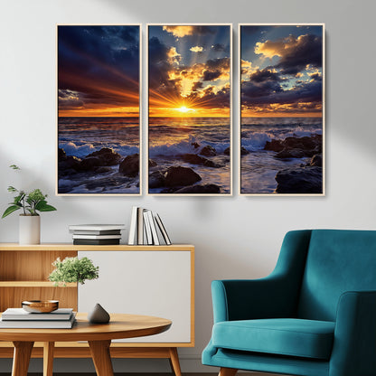 An explosive sunset over the ocean with dramatic clouds and rays of sunlight reflecting off the water, creating a vibrant and captivating view.