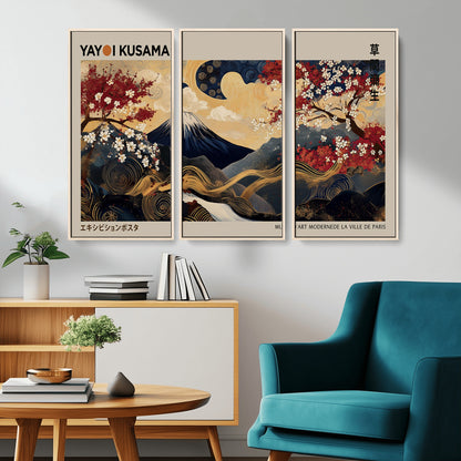 Yayoi Kusama's artwork featuring Mount Fuji, blooming cherry trees, and intricate swirls, blending traditional Japanese elements with vibrant color.