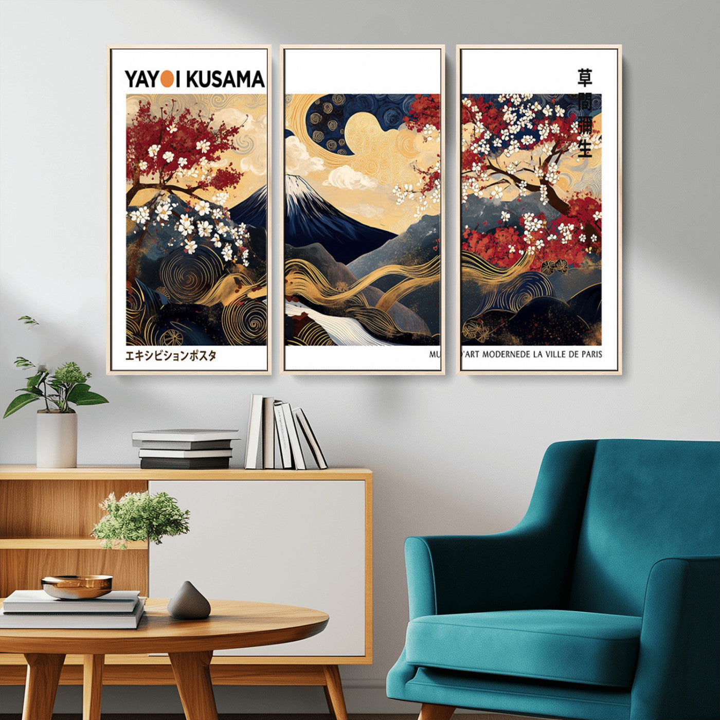 An artwork by Yayoi Kusama featuring Mount Fuji, blooming cherry blossoms, and swirling patterns in a harmonious blend of nature and art.