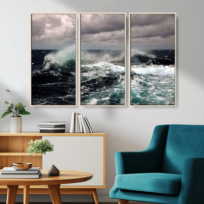 Powerful ocean waves crashing under stormy skies, creating a dynamic and intense seascape.