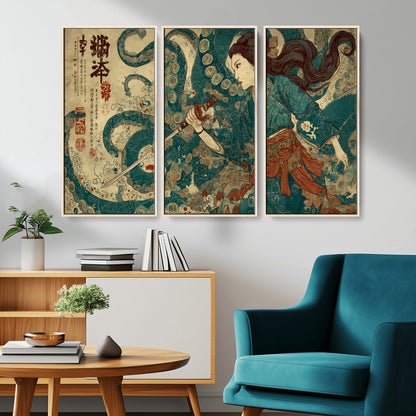 Tsukioka Yoshitoshi Samurai Wall Art Print, Japanese Katana Warrior Canvas Wall Art, Octopus Sea Monster Canvas Print,