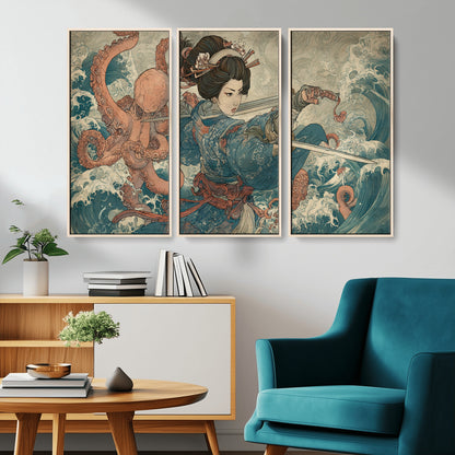 Tsukioka Yoshitoshi Samurai Wall Art Print, Japanese Katana Warrior Canvas Wall Art, Octopus Sea Monster Canvas Print,
