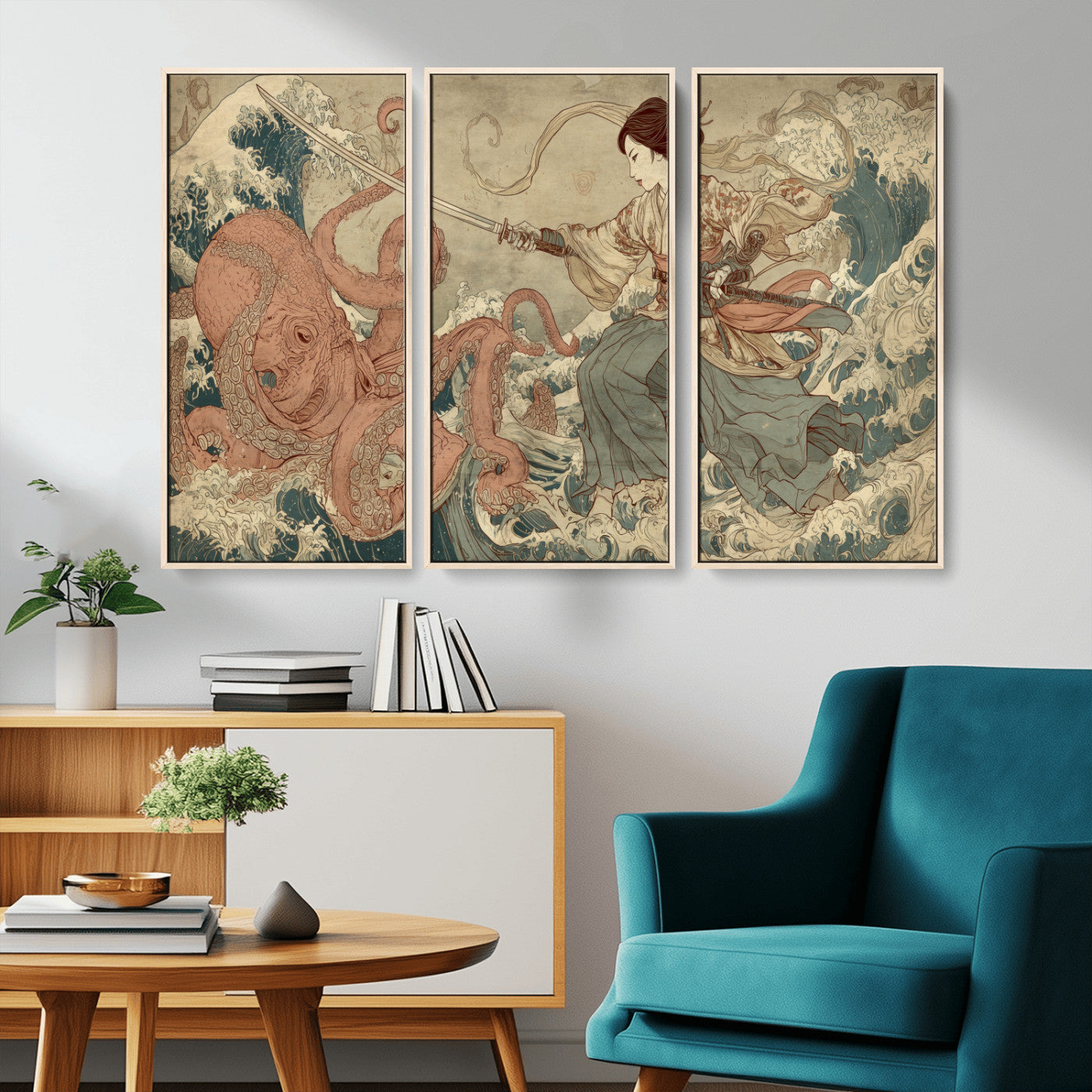Tsukioka Yoshitoshi Samurai Wall Art Print, Japanese Katana Warrior Canvas Wall Art, Octopus Sea Monster Canvas Print,
