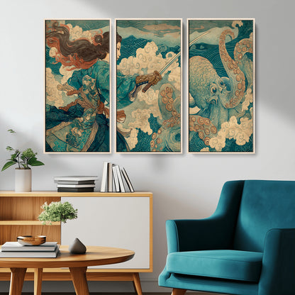 Tsukioka Yoshitoshi Samurai Wall Art Print, Japanese Katana Warrior Canvas Wall Art, Octopus Sea Monster Canvas Print,