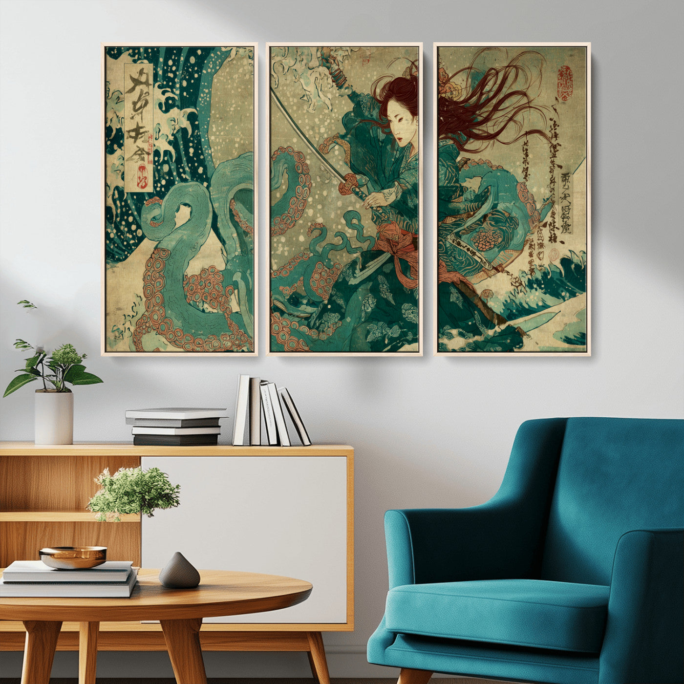 Tsukioka Yoshitoshi Samurai Wall Art Print, Japanese Katana Warrior Canvas Wall Art, Octopus Sea Monster Canvas Print,