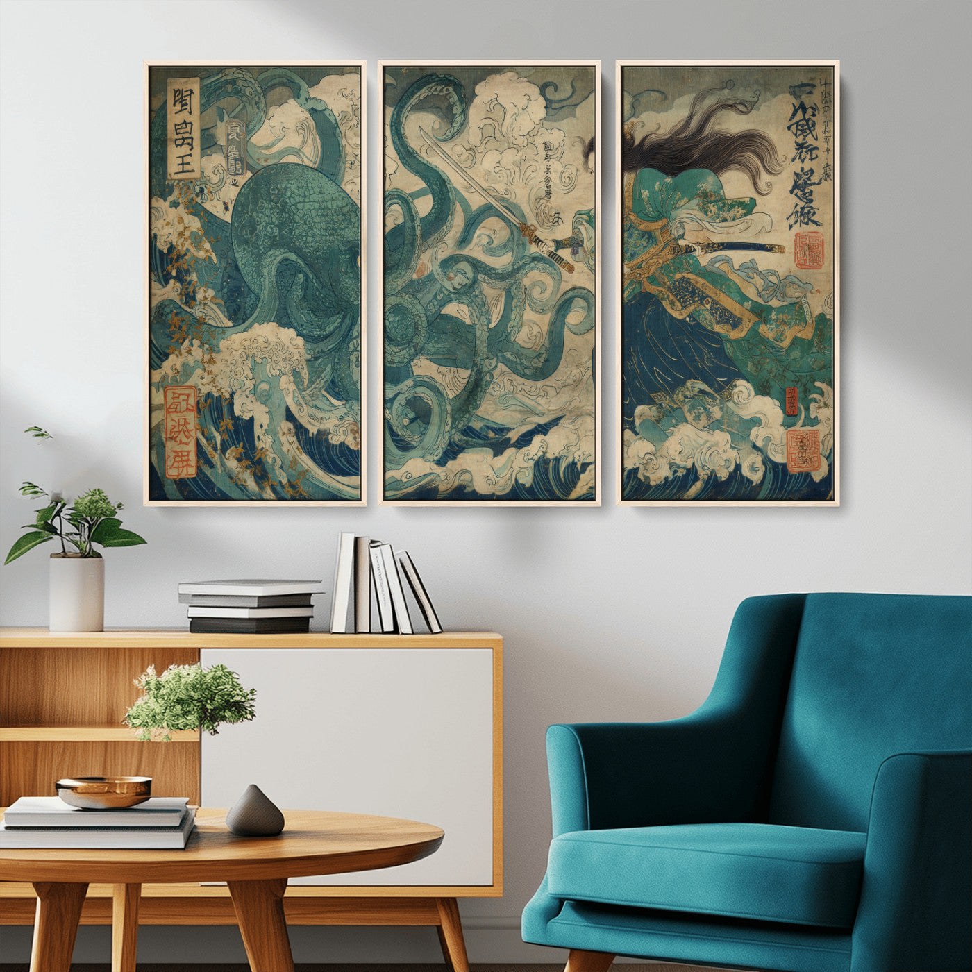 Tsukioka Yoshitoshi Samurai Wall Art Print, Japanese Katana Warrior Canvas Wall Art, Octopus Sea Monster Canvas Print,