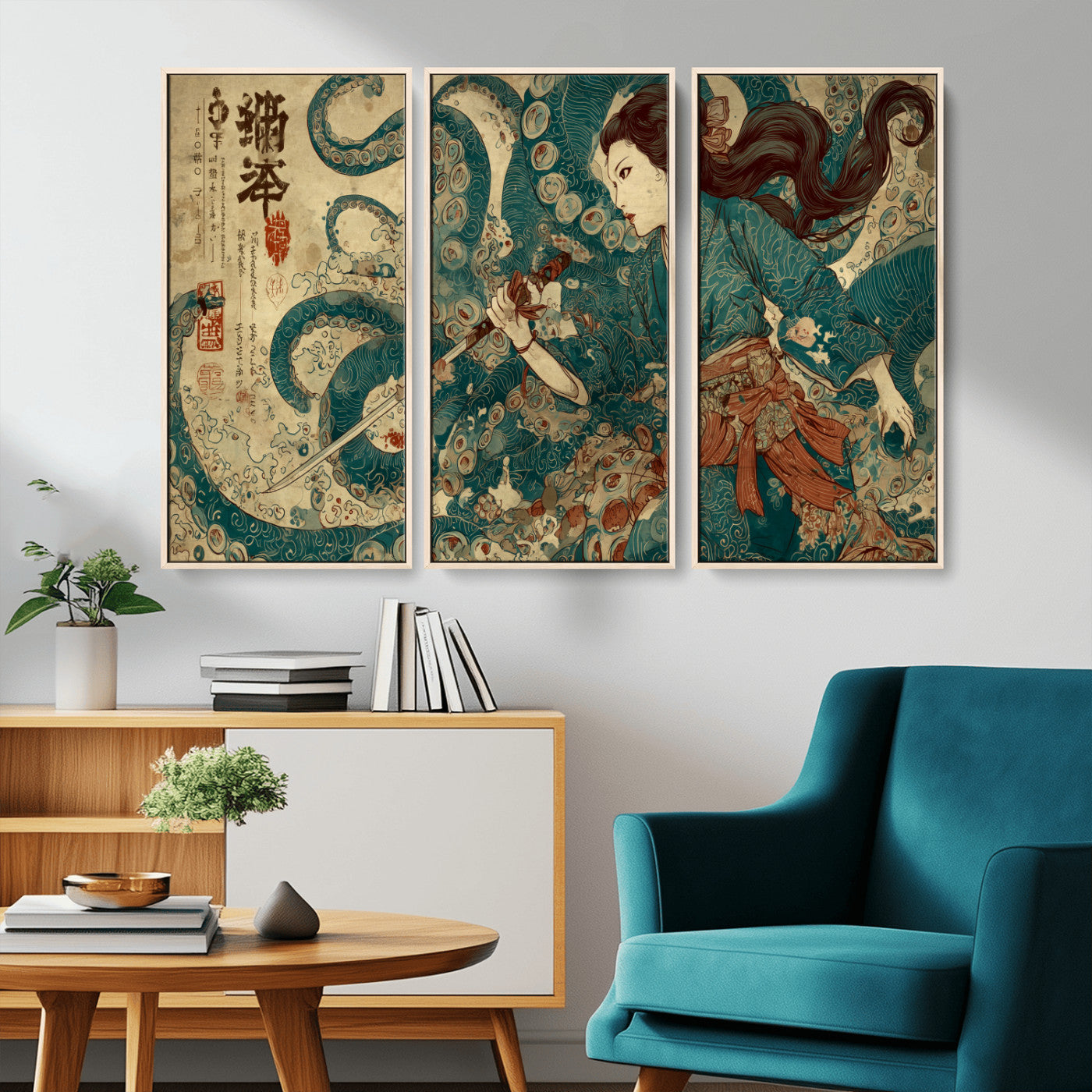 Tsukioka Yoshitoshi Samurai Wall Art Print, Japanese Katana Warrior Canvas Wall Art, Octopus Sea Monster Canvas Print,