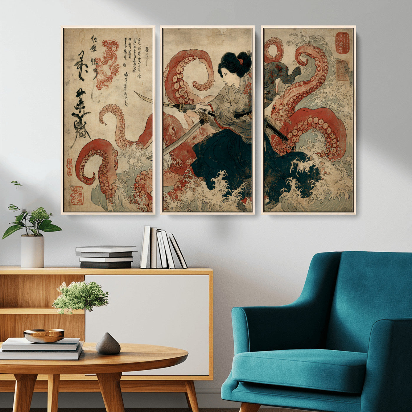 Tsukioka Yoshitoshi Samurai Wall Art Print, Japanese Katana Warrior Canvas Wall Art, Octopus Sea Monster Canvas Print,