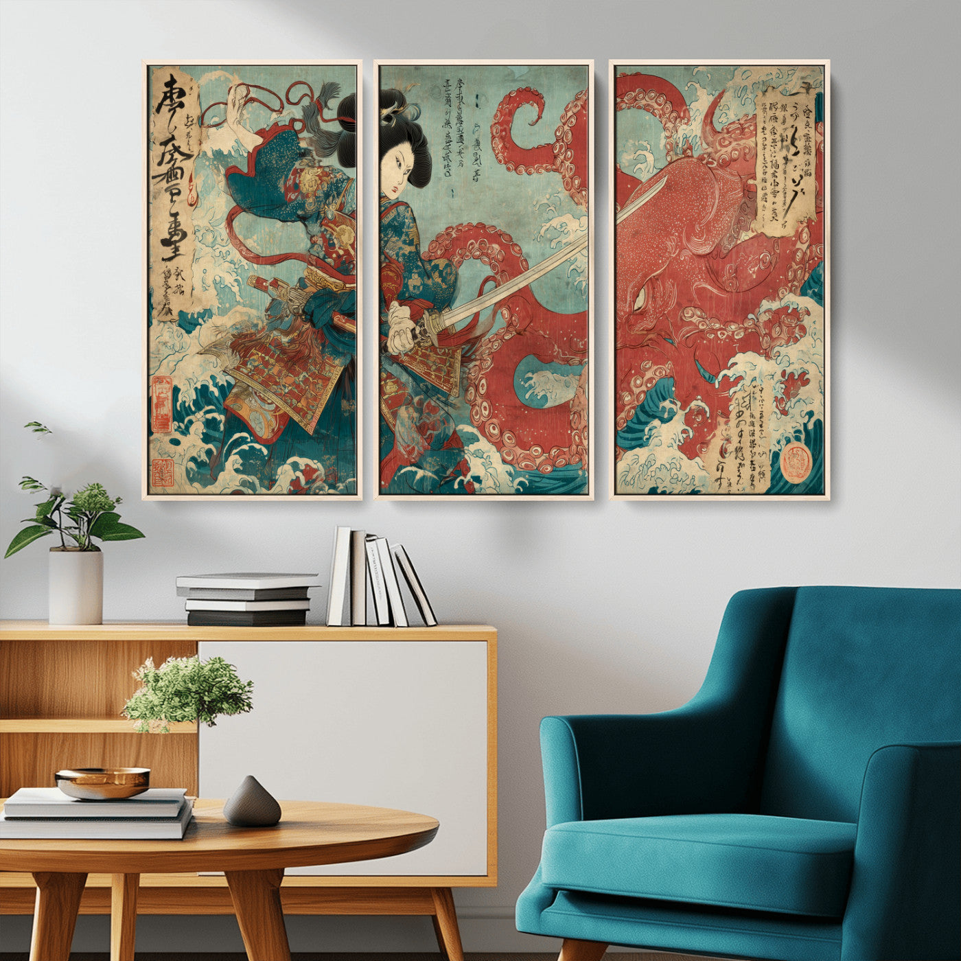 Tsukioka Yoshitoshi Samurai Wall Art Print, Japanese Katana Warrior Canvas Wall Art, Octopus Sea Monster Canvas Print,