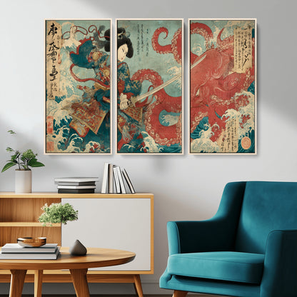 Tsukioka Yoshitoshi Samurai Wall Art Print, Japanese Katana Warrior Canvas Wall Art, Octopus Sea Monster Canvas Print,