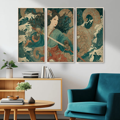 Tsukioka Yoshitoshi Samurai Wall Art Print, Japanese Katana Warrior Canvas Wall Art, Octopus Sea Monster Canvas Print,