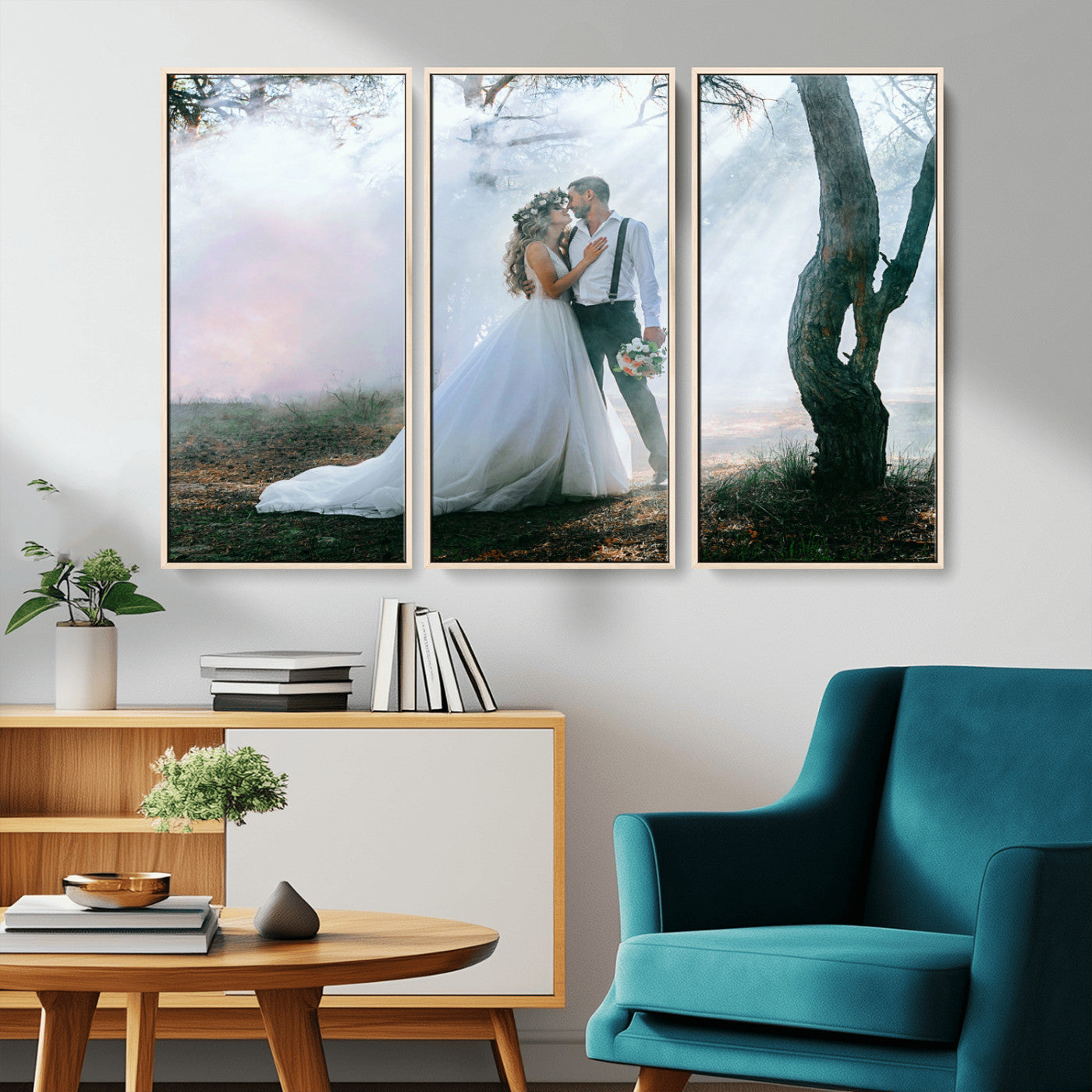 MGV-FC-48X32-3P - Forest Wedding Wall Art – Romantic Bride and Groom Canvas Print, Enchanted Woodland Photography Decor for Bedroom, Living Room, or Wedding Gift