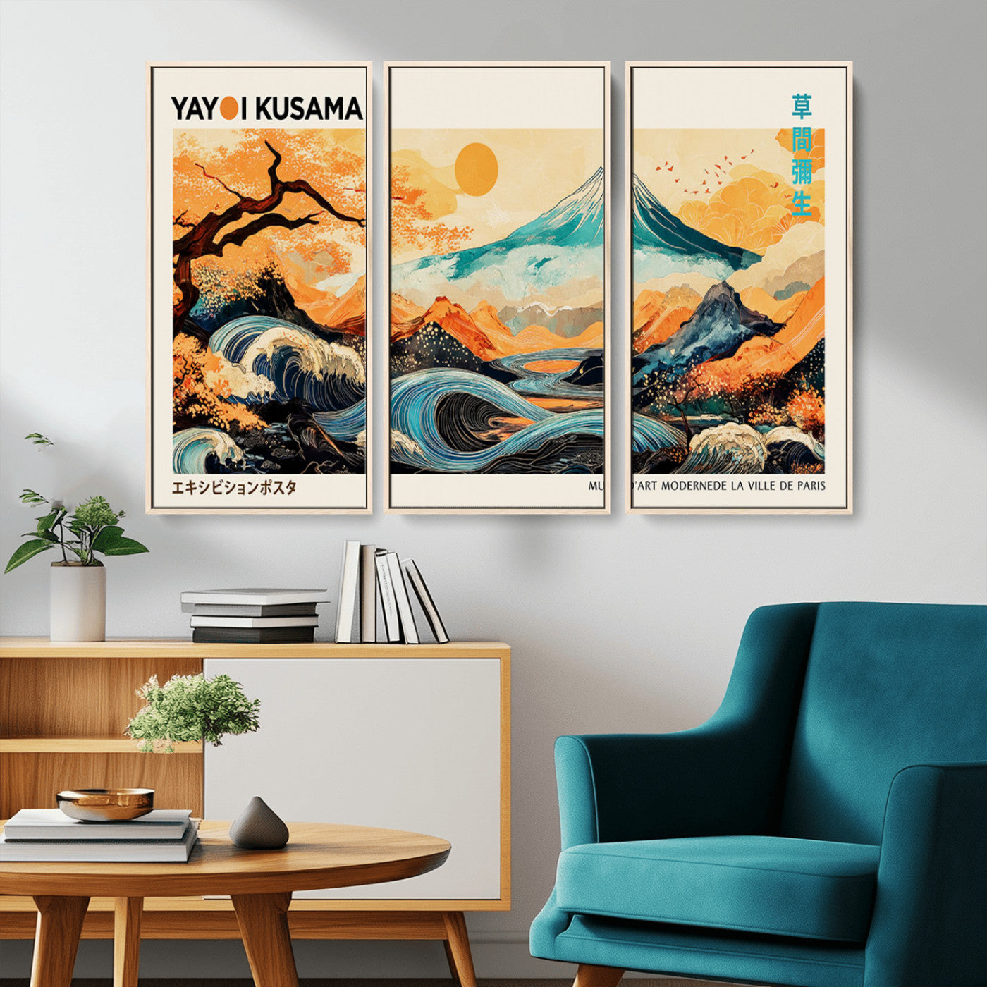Modern Japanese-style art print featuring a stylized Mount Fuji, flowing waves, and vibrant landscapes in bold colors, inspired by traditional and contemporary aesthetics.