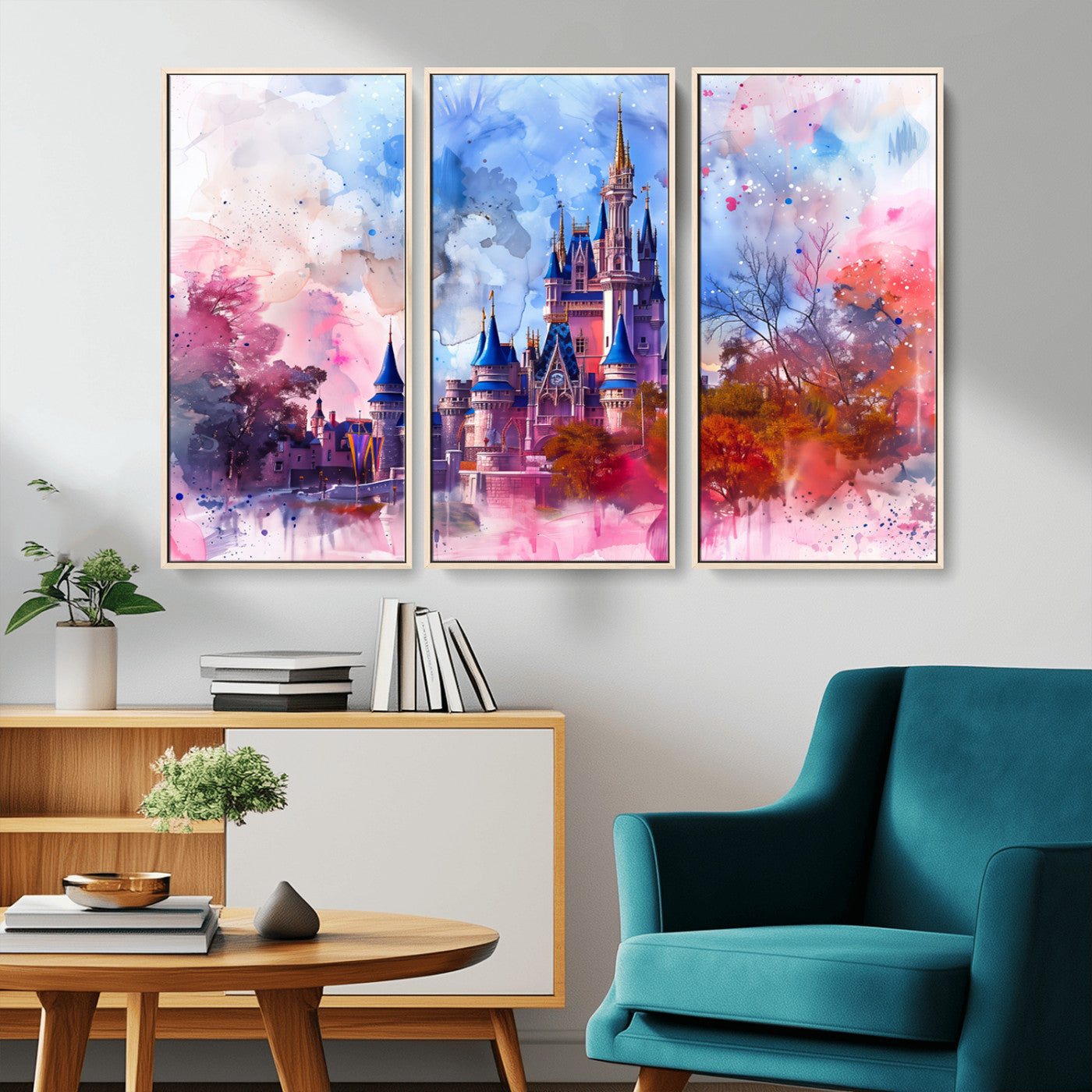 Watercolor canvas of a dreamy Disney-style castle in pastel pink and blue tones, perfect for fairytale or whimsical home decor.
