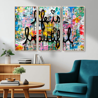 Colorful urban-style canvas with graffiti text “Life is Beautiful” in black paint, ideal for bold or street-themed home decor.