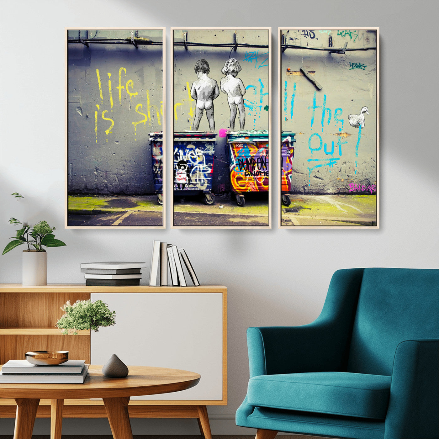 Graffiti-style canvas art with bold text and two naked figures over urban dumpsters, ideal for edgy or street-style decor.