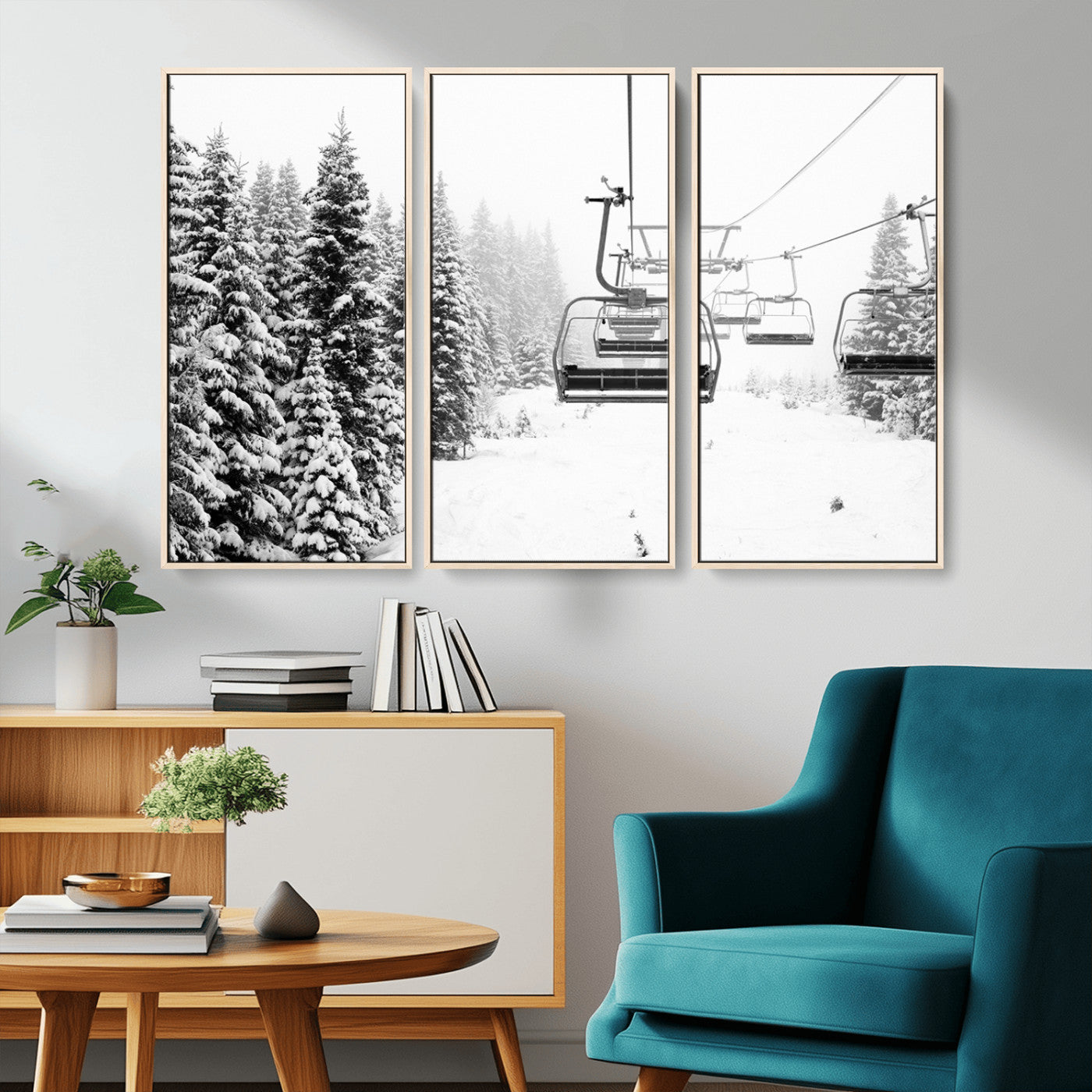 Black and white canvas of empty ski lifts over a snowy pine forest, perfect for minimal winter or ski lodge-inspired decor.
