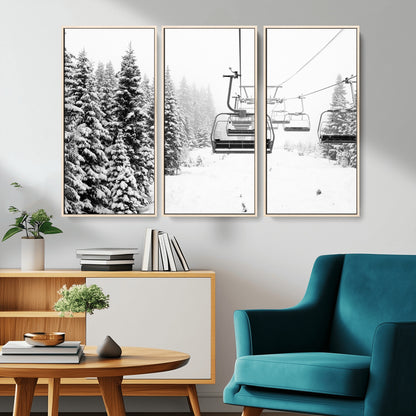 Black and white canvas of empty ski lifts over a snowy pine forest, perfect for minimal winter or ski lodge-inspired decor.