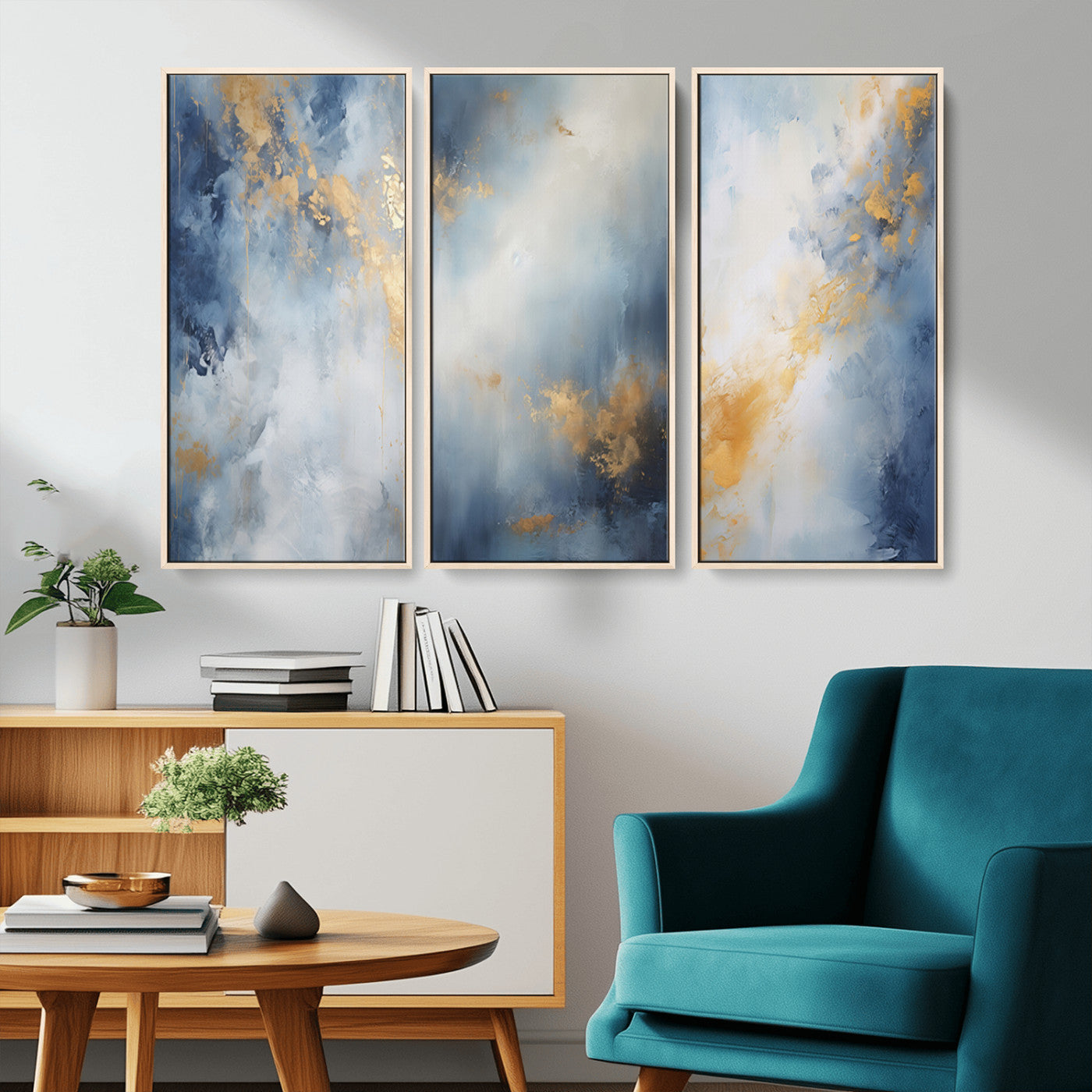 Abstract canvas art in soft blue and gold tones with textured brushstrokes, ideal for elegant or modern neutral decor spaces.