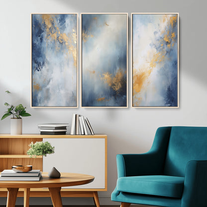 Abstract canvas art in soft blue and gold tones with textured brushstrokes, ideal for elegant or modern neutral decor spaces.