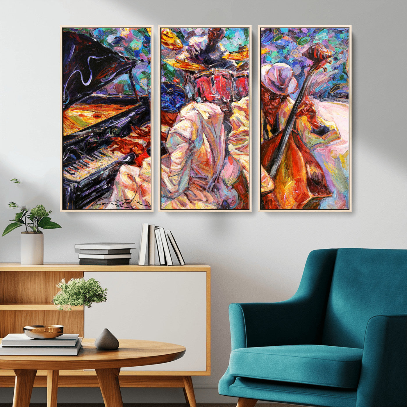 Vibrant oil painting of a jazz band with piano, saxophone, and bass, ideal for colorful and expressive music-themed home decor.