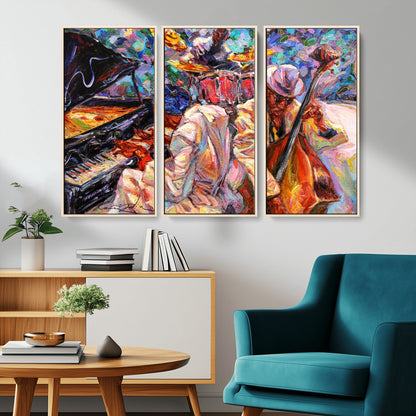Vibrant oil painting of a jazz band with piano, saxophone, and bass, ideal for colorful and expressive music-themed home decor.