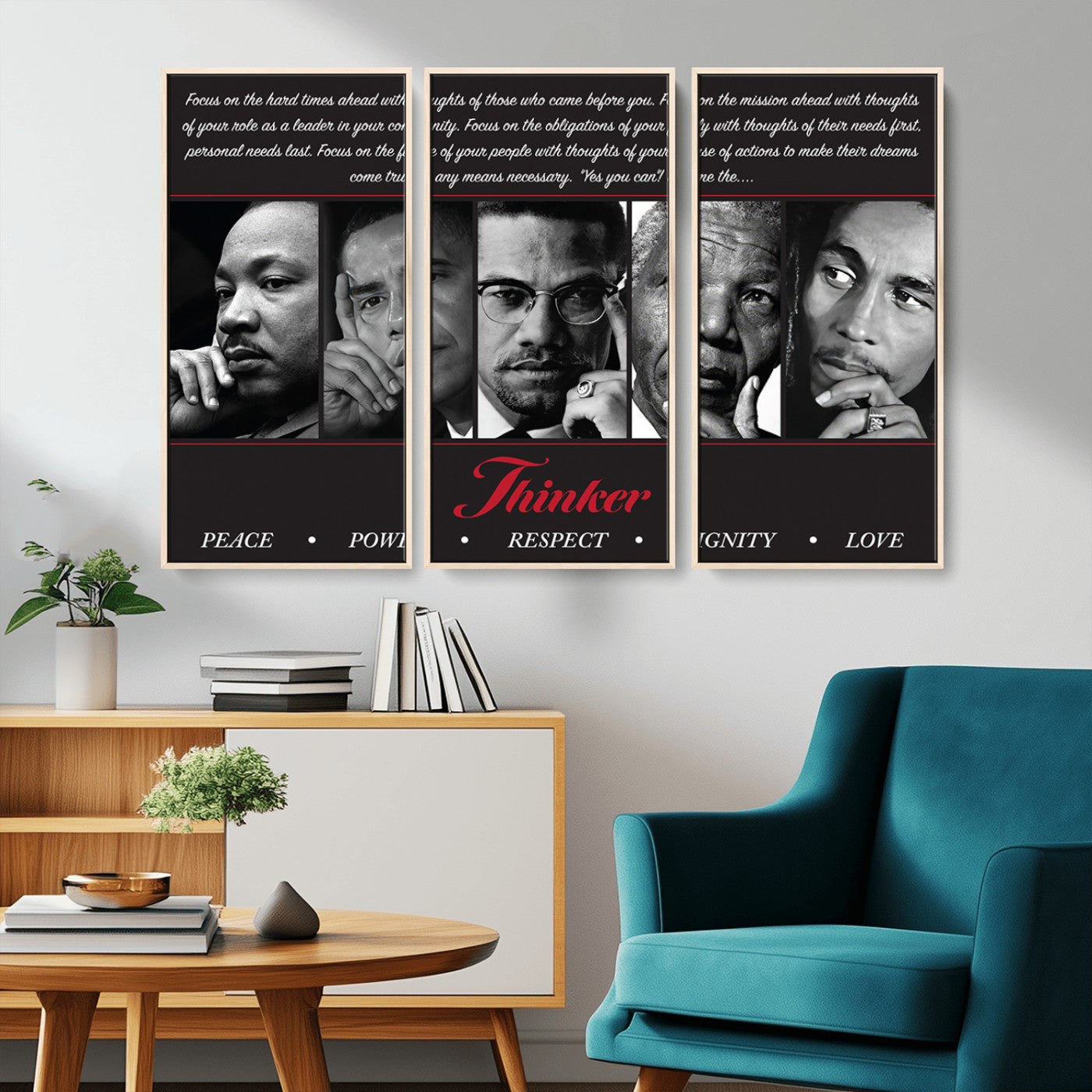Monochrome canvas of iconic Black leaders with a powerful quote, perfect for modern spaces with a cultural or motivational theme.
