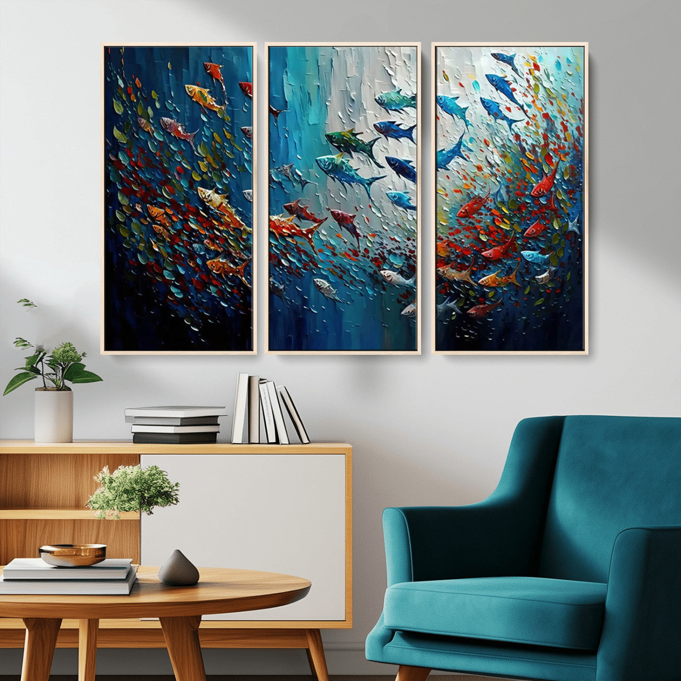 Colorful painting of fish swimming in abstract ocean swirls, perfect for vibrant marine-themed or expressive coastal home decor.