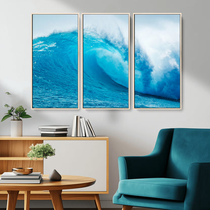 Vibrant canvas of a powerful curling ocean wave in tropical blue tones, perfect for coastal or surf-inspired decor settings.