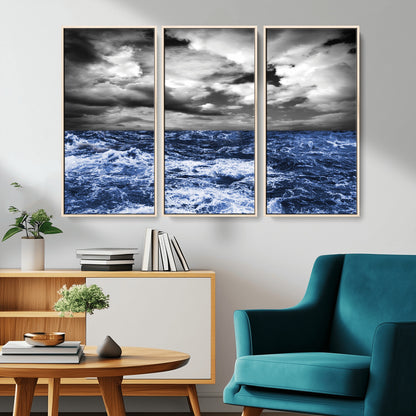 Moody canvas wall art of a stormy ocean under a dramatic black-and-white sky, perfect for bold or coastal-style interiors.
