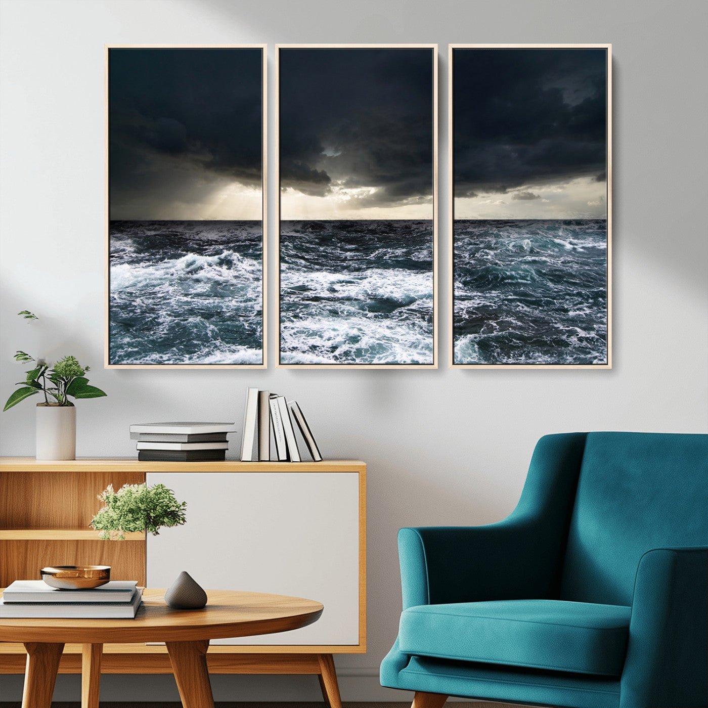 Moody ocean scene with stormy skies and crashing waves, perfect for dramatic or coastal-style home wall decor.