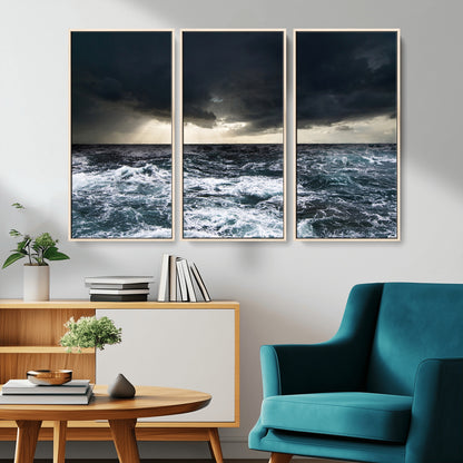 Moody ocean scene with stormy skies and crashing waves, perfect for dramatic or coastal-style home wall decor.